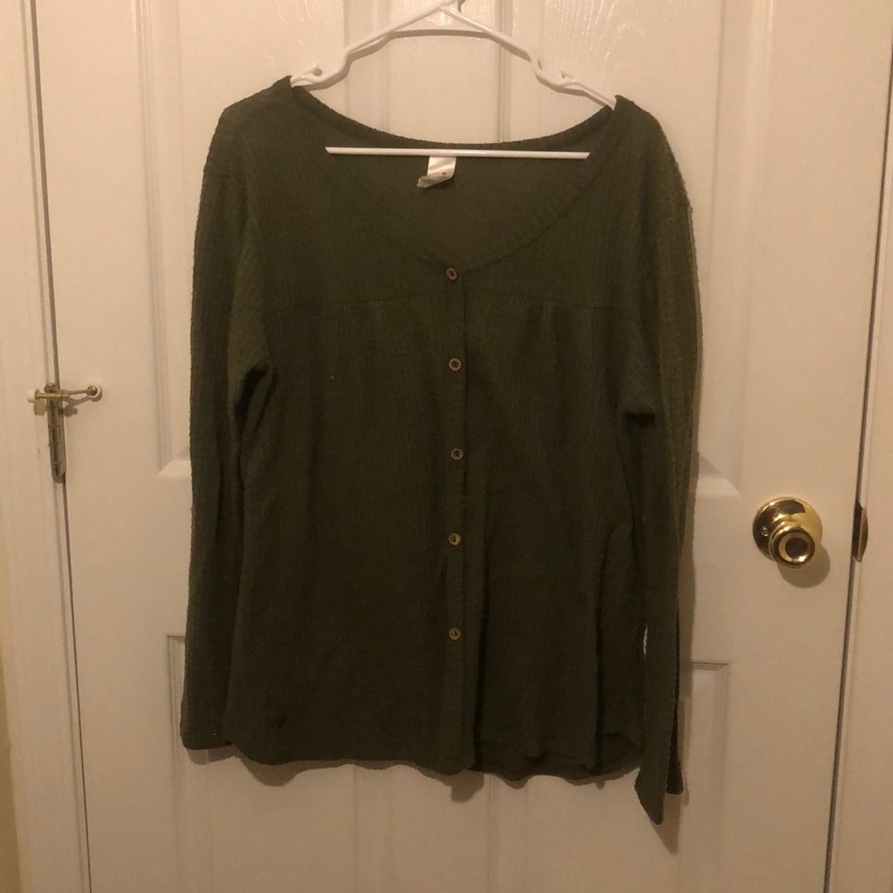 Green button up sweater